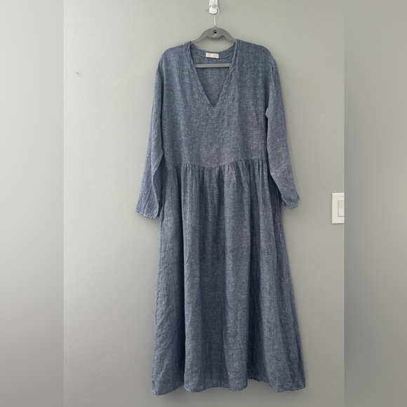 WOMENS CP SHADES BLUE CHAMBRAY LINEN AMANDA MAXI DRESS~POCKETS~  M - Picture 2 of 10